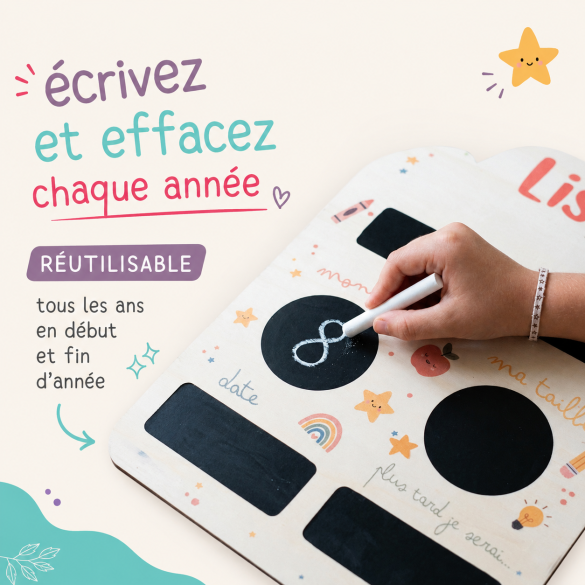 Panneau 1er et dernier jour d'école personnalisé 20x28 cm en bois réutilisable avec craie prénom rentrée scolaire