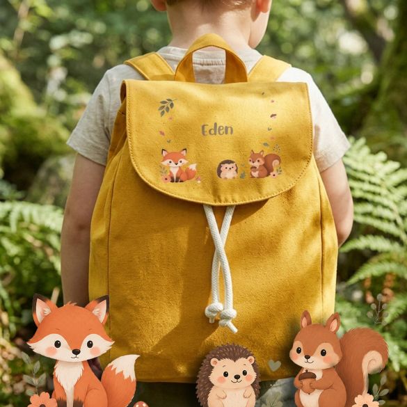 Sac à dos enfant personnalisé en coton bio modèle Animaux de la fôret, idéal pour la crèche et la maternelle