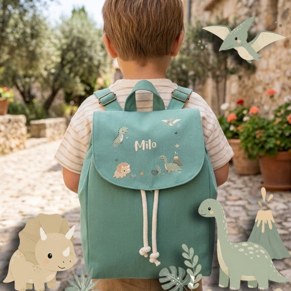 Sac à dos enfant personnalisé en coton bio modèle Dinosaure, idéal pour la crèche et la maternelle