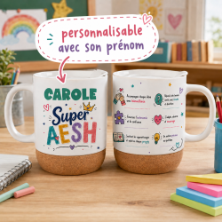 Mug base liège personnalisé avec prénom pour Super AESH | Idée cadeau fin année scolaire 